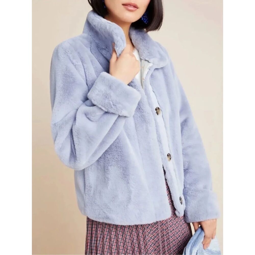 Anthropologie Soft Faux Fur Coat Dusty Blue Stand Collar Jacket Medium